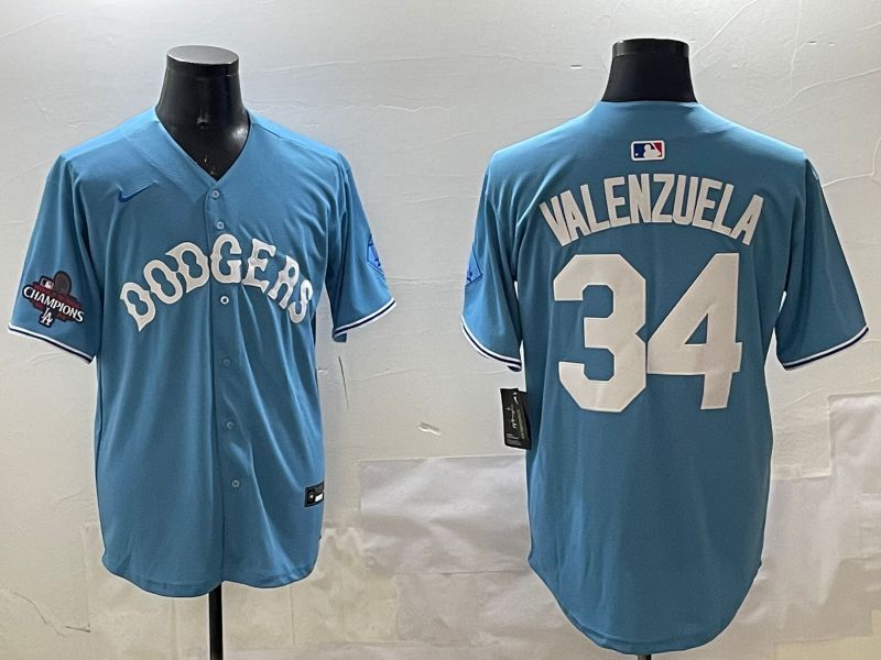 Men Los Angeles Dodgers #34 Valenzuela Light Blue Joint Name 2025 Nike MLB Jersey style 3162